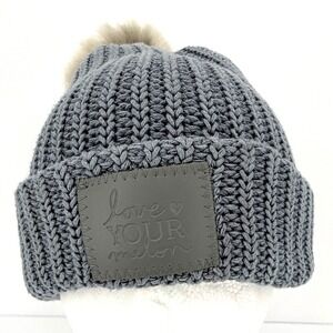 Love Your Melon Gray Pom Beanie Faux Fur Pom Cuffed Knit Hat Made USA